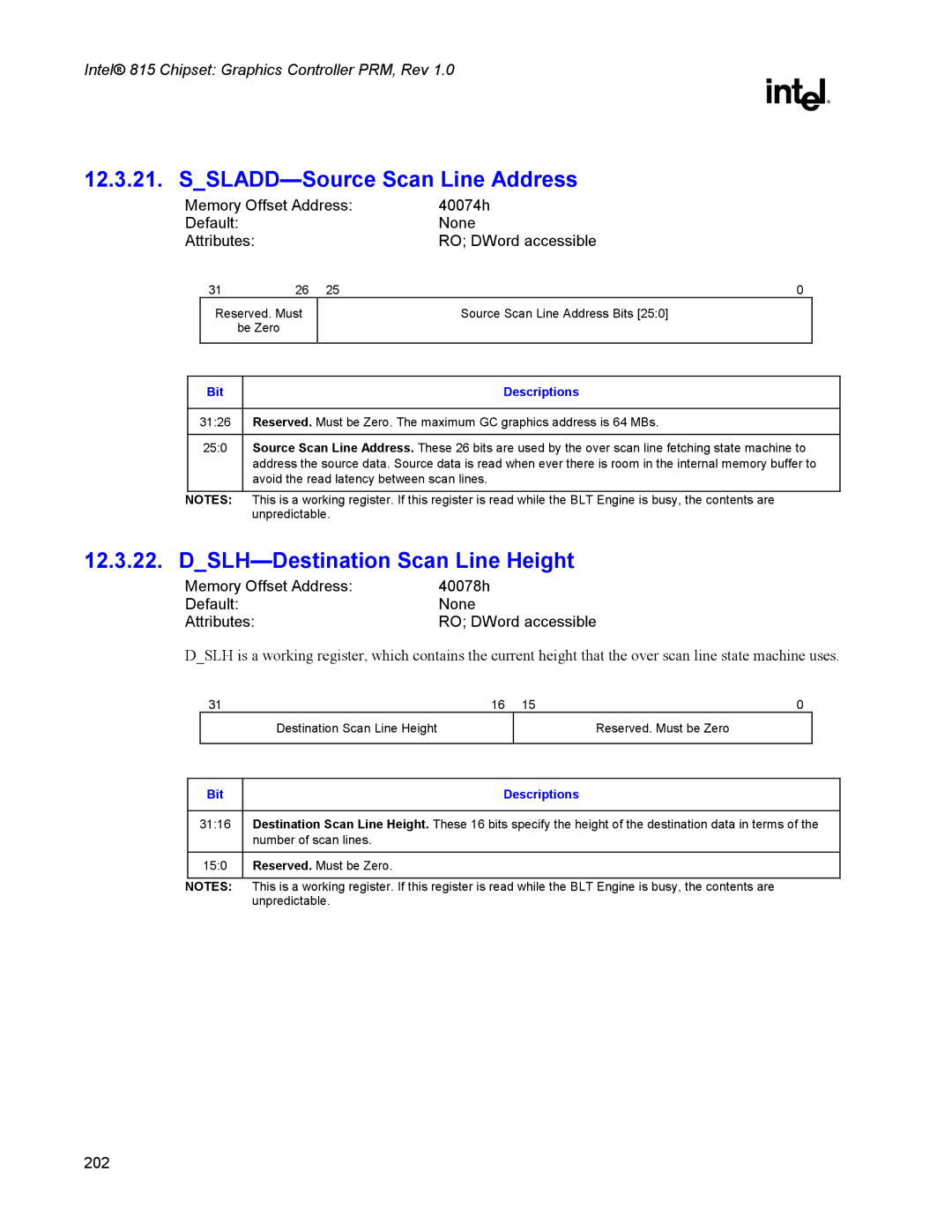 Intel 815 manual SSLADD-Source Scan Line Address, DSLH-Destination Scan Line Height 