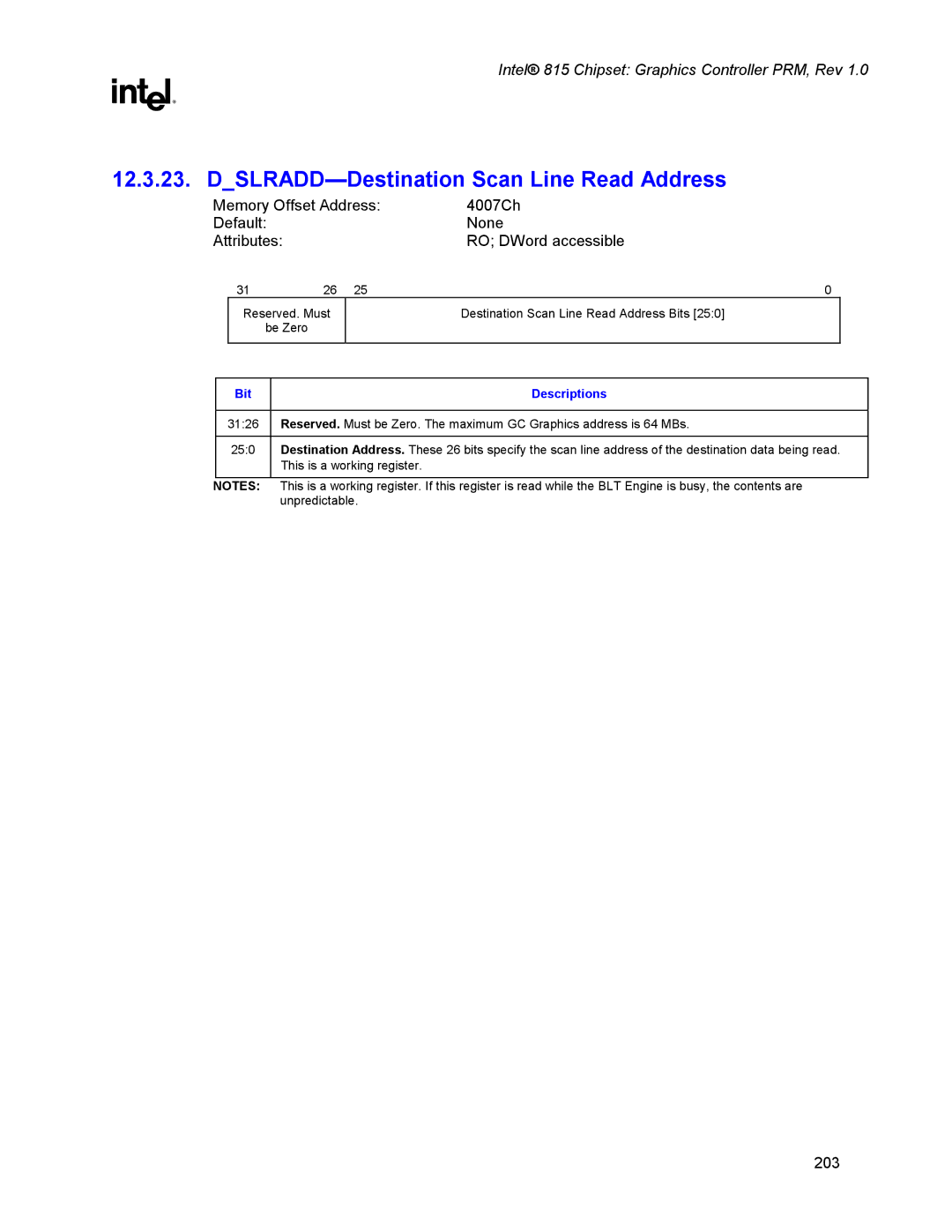 Intel 815 manual DSLRADD-Destination Scan Line Read Address 