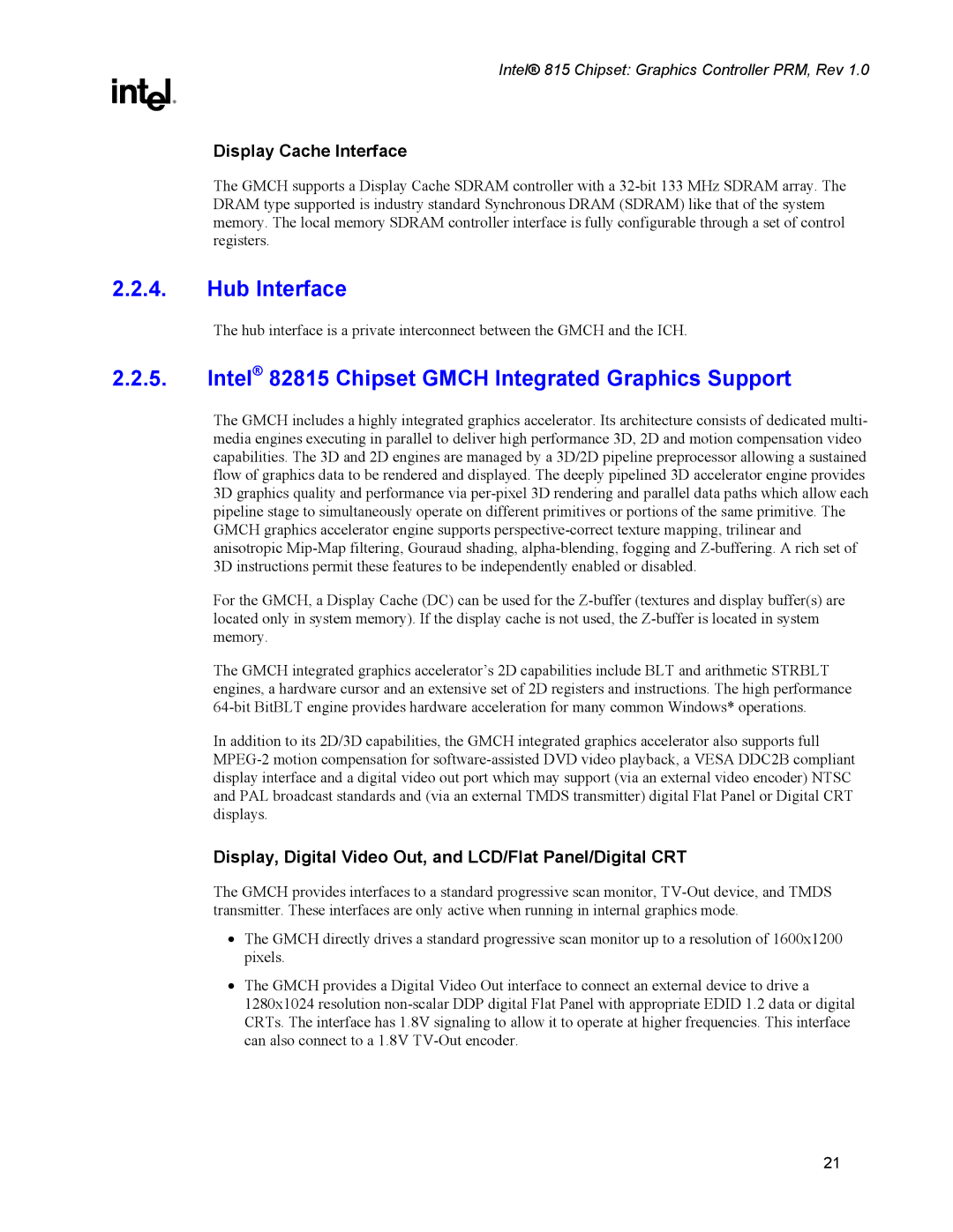 Intel manual Hub Interface, Intel 82815 Chipset Gmch Integrated Graphics Support 