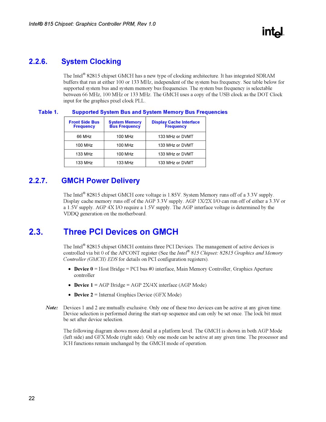 Intel 815 manual Three PCI Devices on Gmch, System Clocking, Gmch Power Delivery 