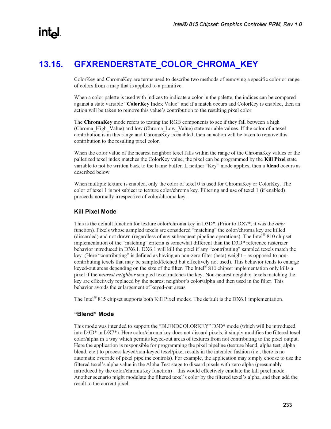 Intel 815 manual Gfxrenderstatecolorchromakey, Kill Pixel Mode 