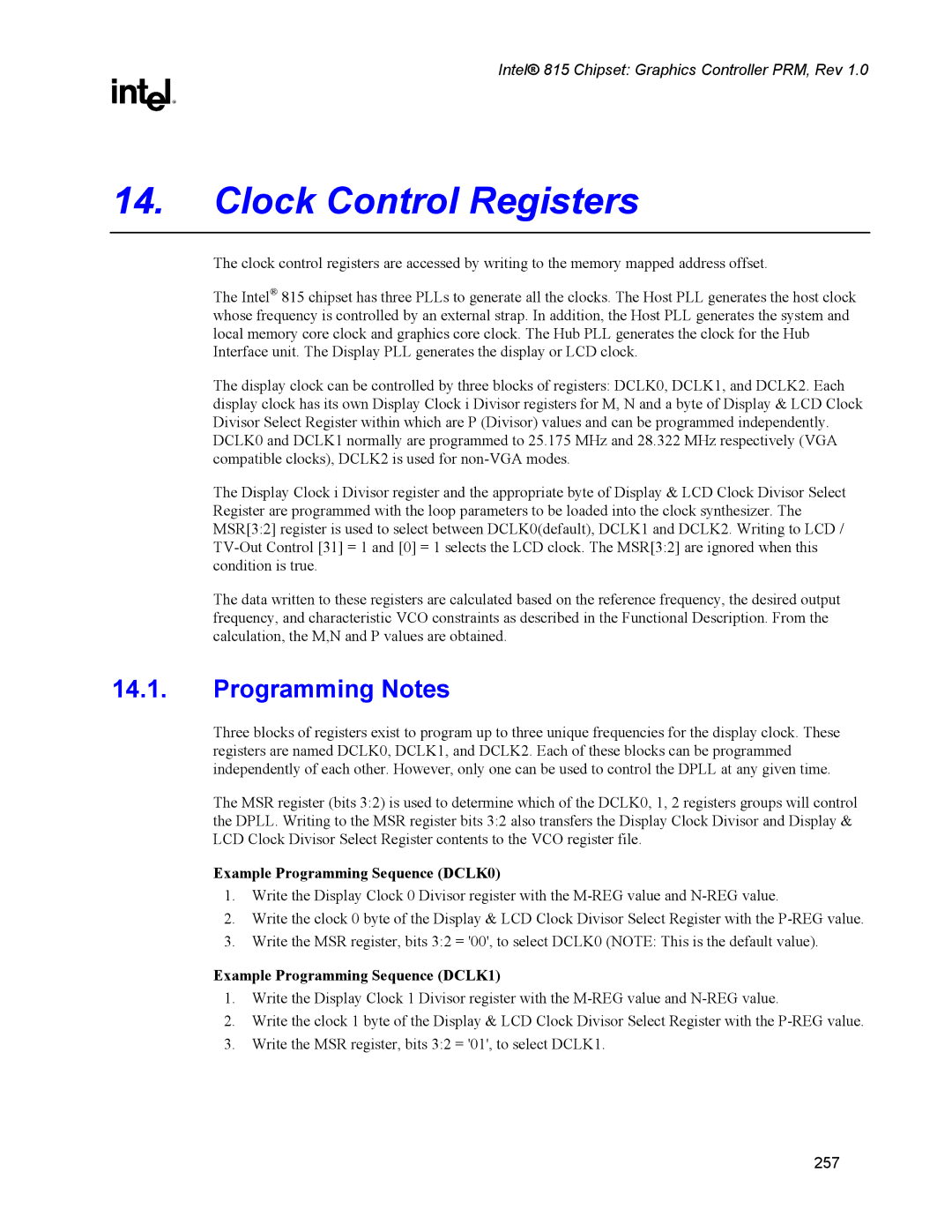 Intel 815 manual Clock Control Registers, Programming Notes 