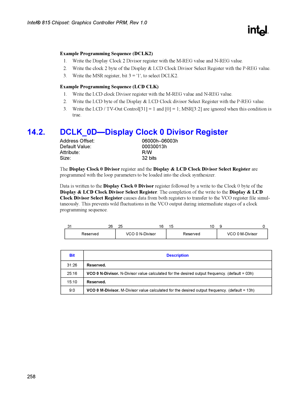 Intel 815 manual DCLK0D-Display Clock 0 Divisor Register, Example Programming Sequence DCLK2 