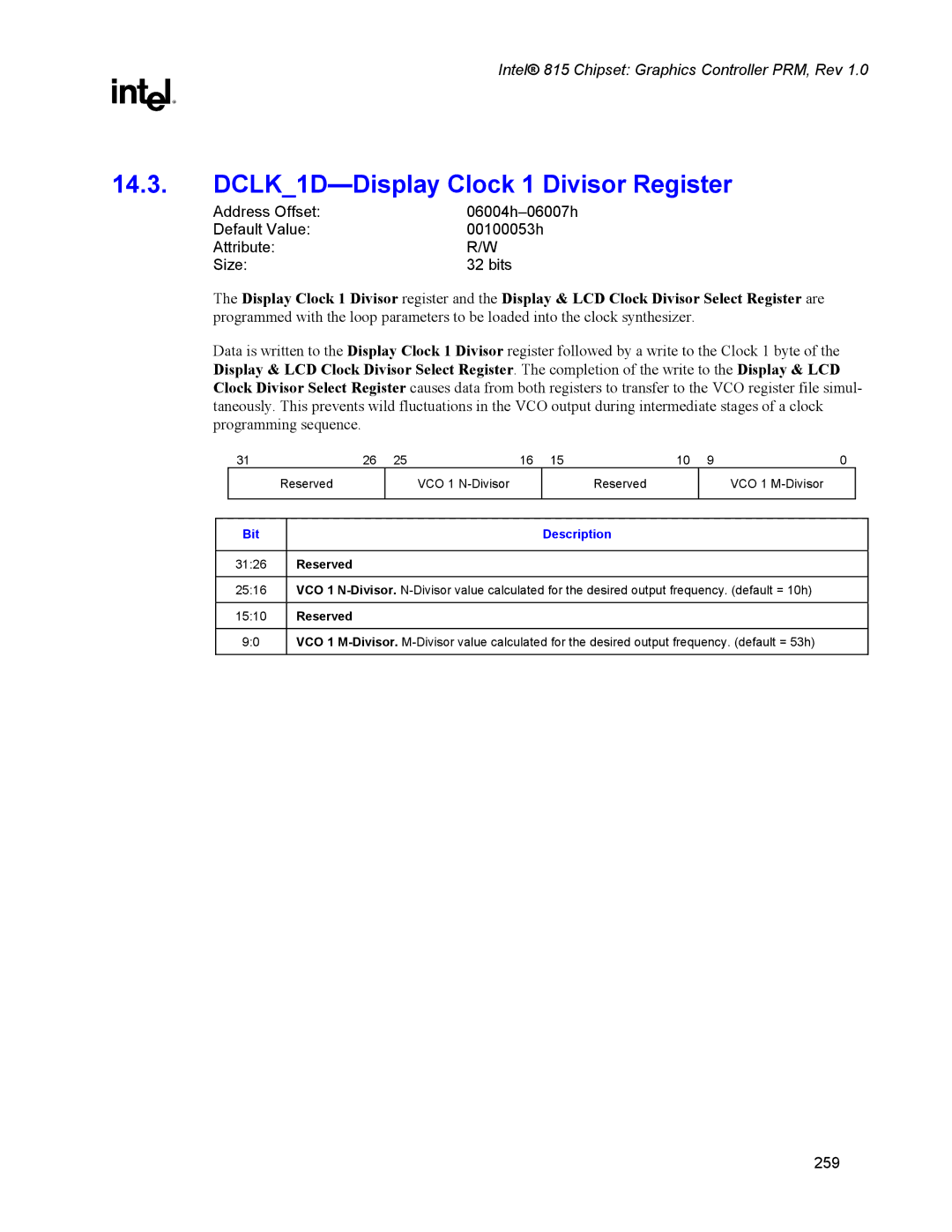 Intel 815 manual DCLK1D-Display Clock 1 Divisor Register 