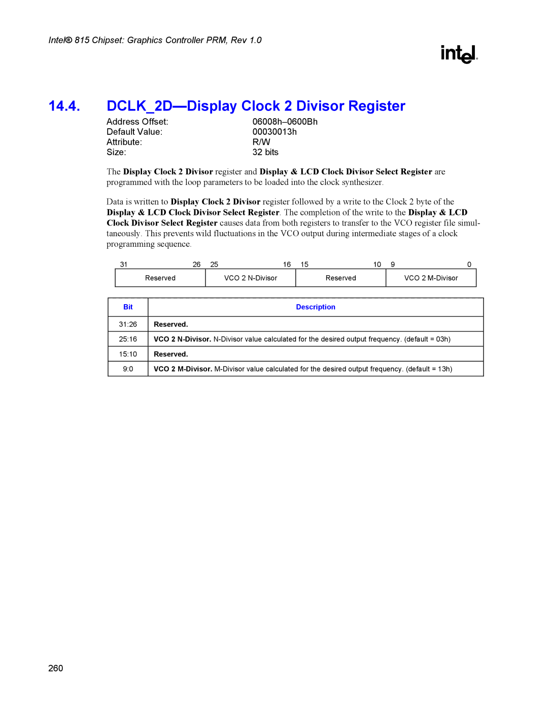 Intel 815 manual DCLK2D-Display Clock 2 Divisor Register 