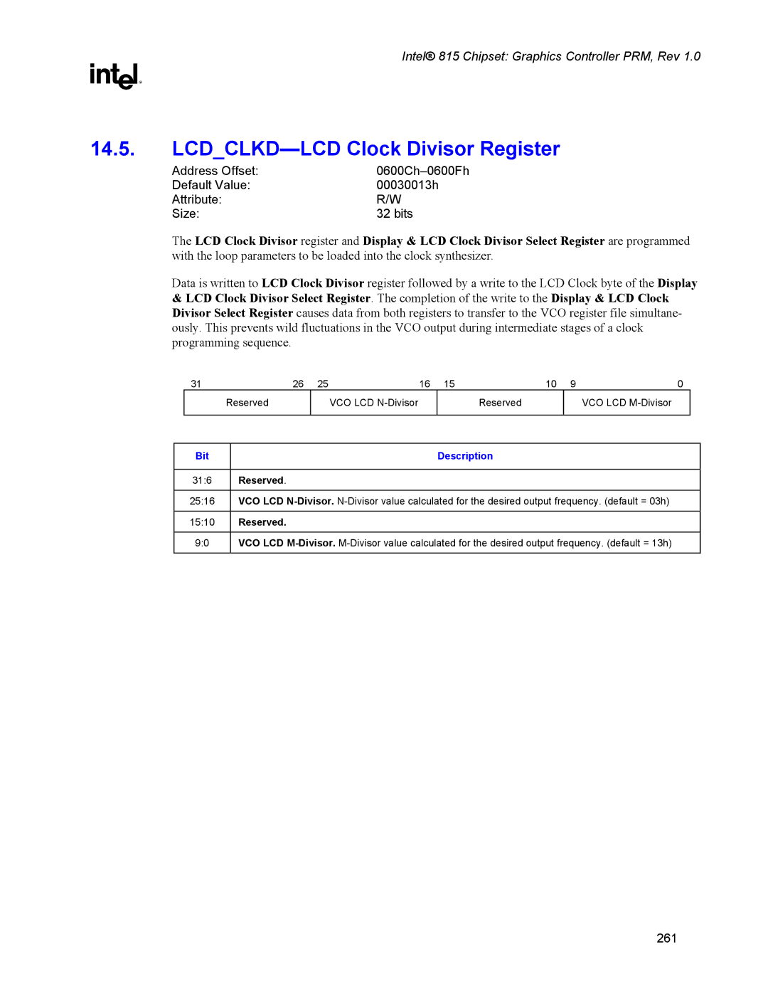 Intel 815 manual LCDCLKD-LCD Clock Divisor Register 