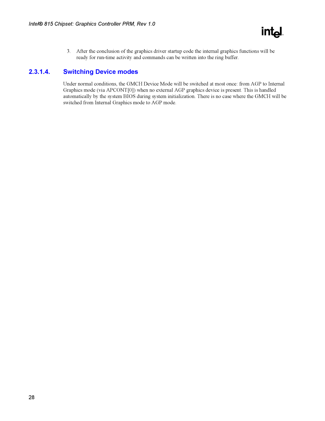 Intel 815 manual Switching Device modes 