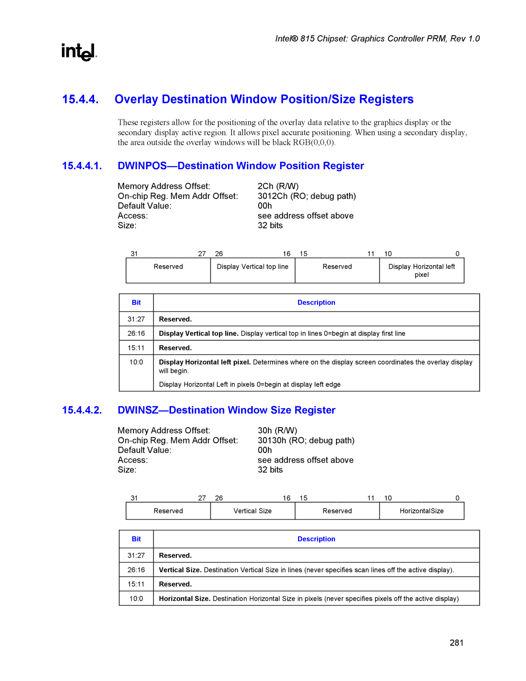 Intel 815 manual Overlay Destination Window Position/Size Registers, DWINPOS-Destination Window Position Register 