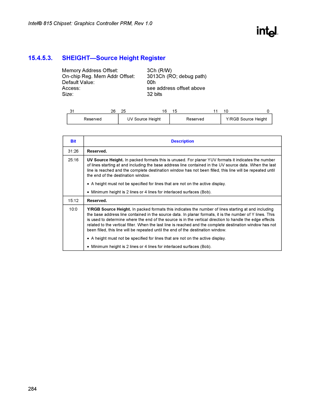 Intel 815 manual SHEIGHT-Source Height Register 