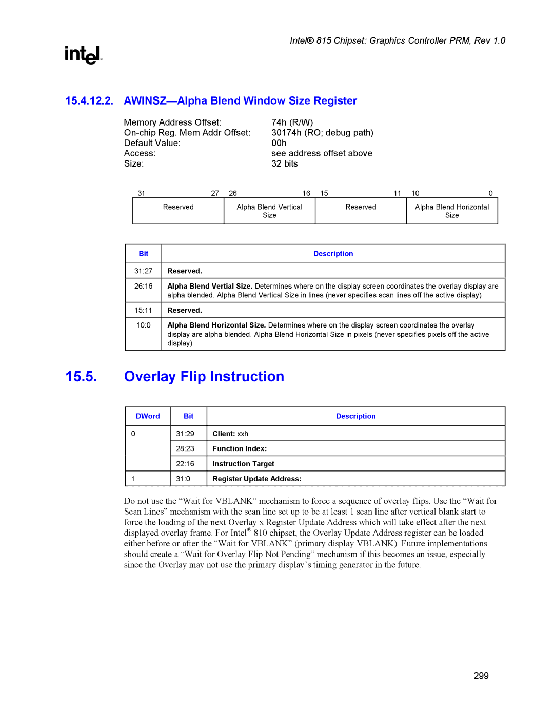 Intel 815 manual Overlay Flip Instruction, AWINSZ-Alpha Blend Window Size Register 