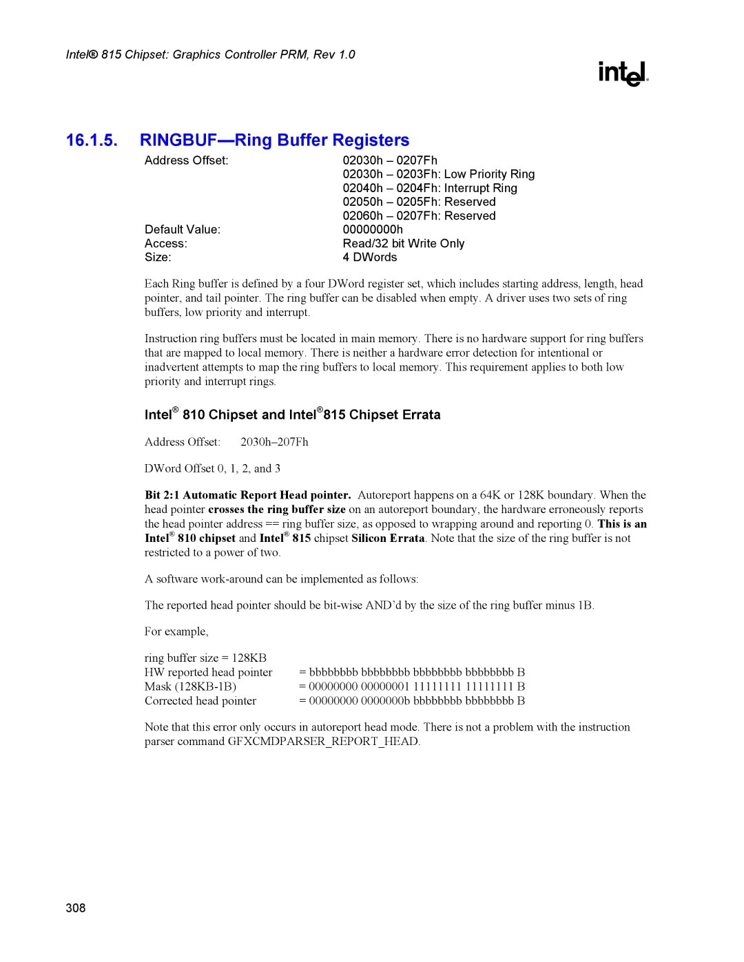 Intel manual RINGBUF-Ring Buffer Registers, Intel 810 Chipset and Intel815 Chipset Errata 