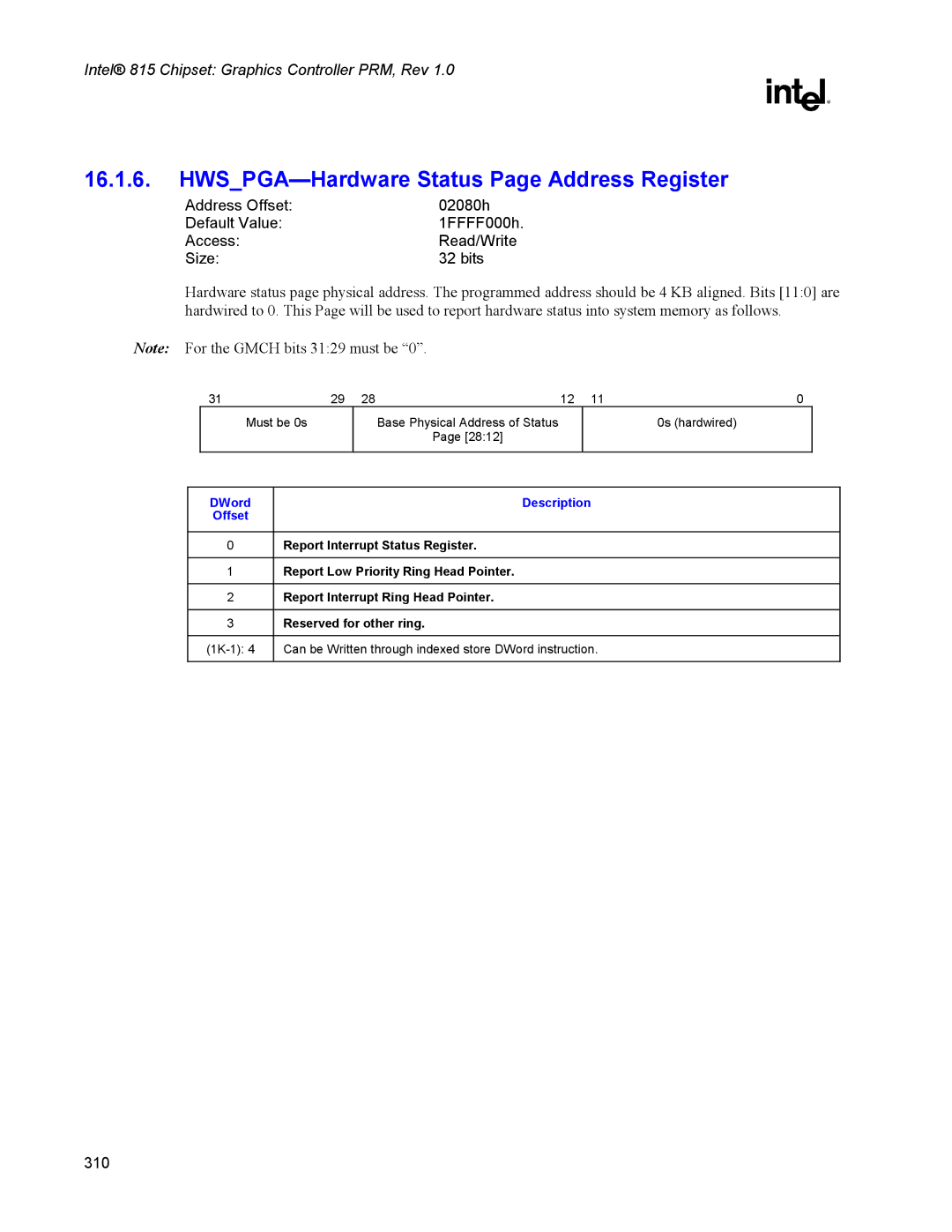 Intel 815 manual HWSPGA-Hardware Status Page Address Register, DWord Description Offset 