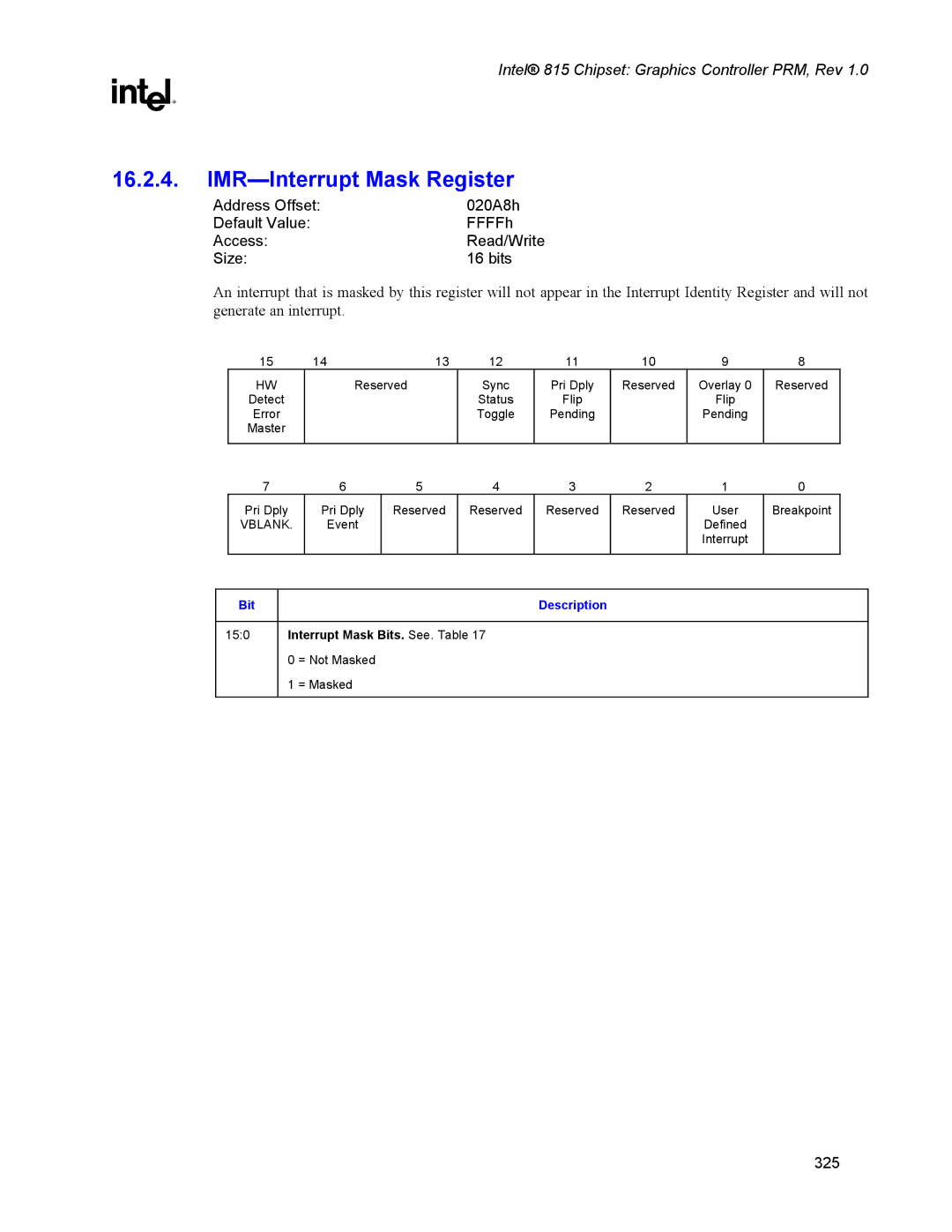 Intel 815 manual IMR-Interrupt Mask Register, Interrupt Mask Bits. See. Table 