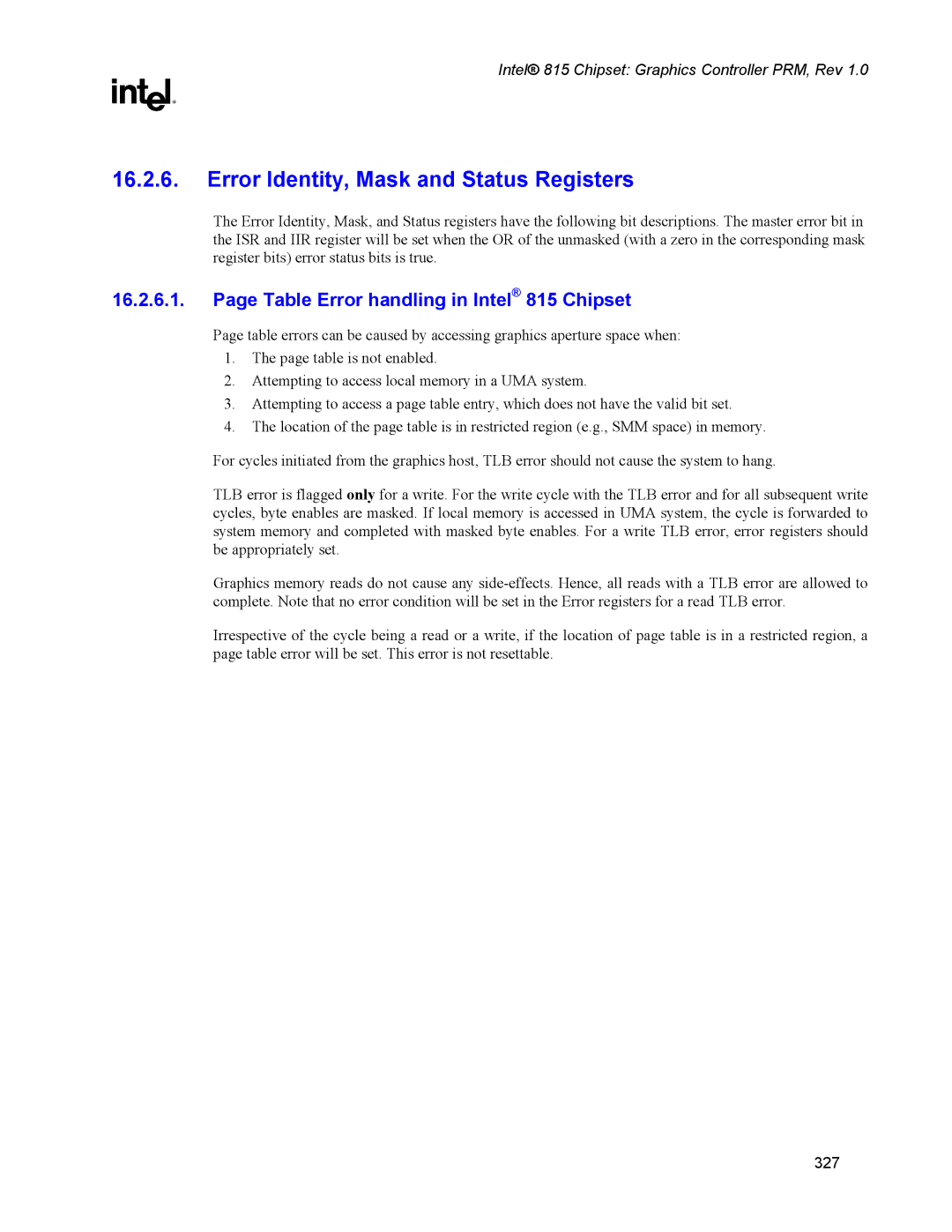 Intel manual Error Identity, Mask and Status Registers, Table Error handling in Intel 815 Chipset 