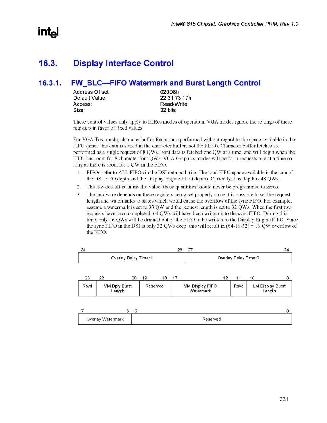 Intel 815 manual Display Interface Control, FWBLC-FIFO Watermark and Burst Length Control 