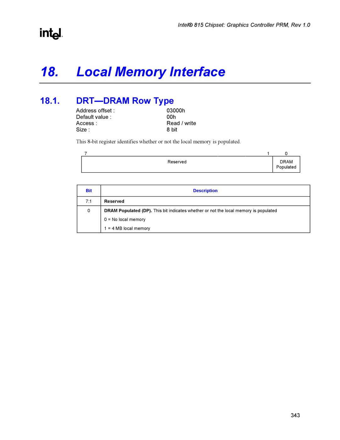 Intel 815 manual Local Memory Interface, DRT-DRAM Row Type 