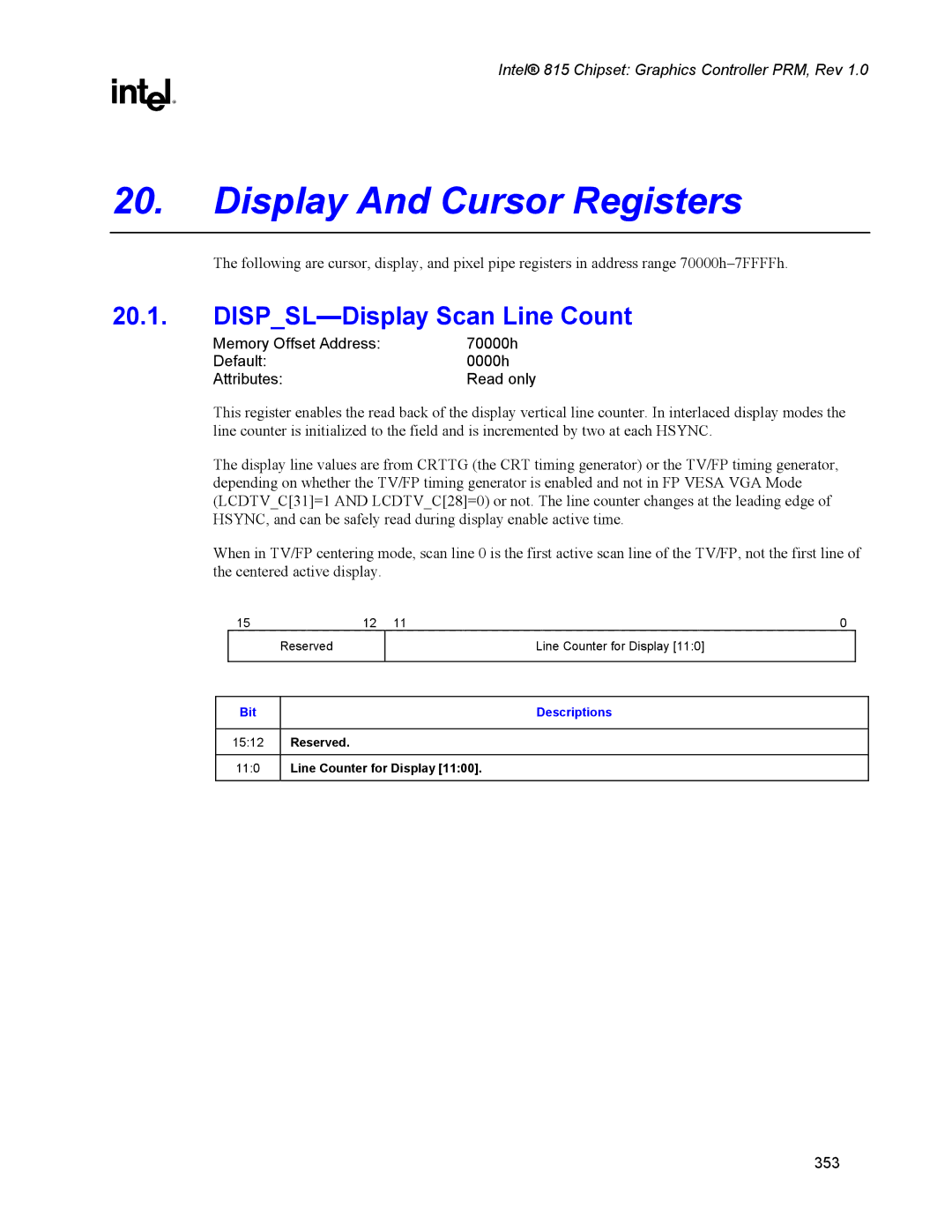 Intel 815 manual Display And Cursor Registers, DISPSL-Display Scan Line Count, Line Counter for Display 