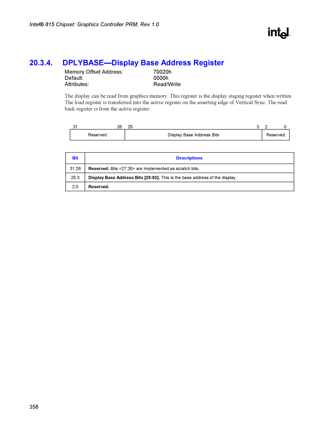 Intel 815 manual DPLYBASE-Display Base Address Register 