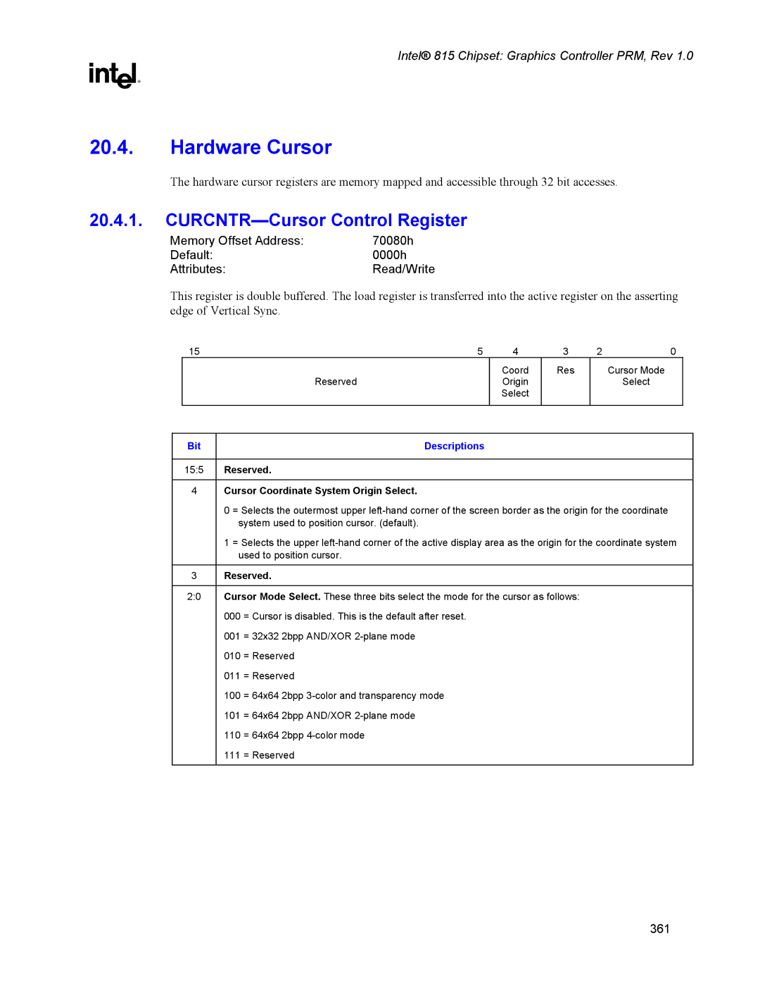 Intel 815 manual Hardware Cursor, CURCNTR-Cursor Control Register, Reserved Cursor Coordinate System Origin Select 