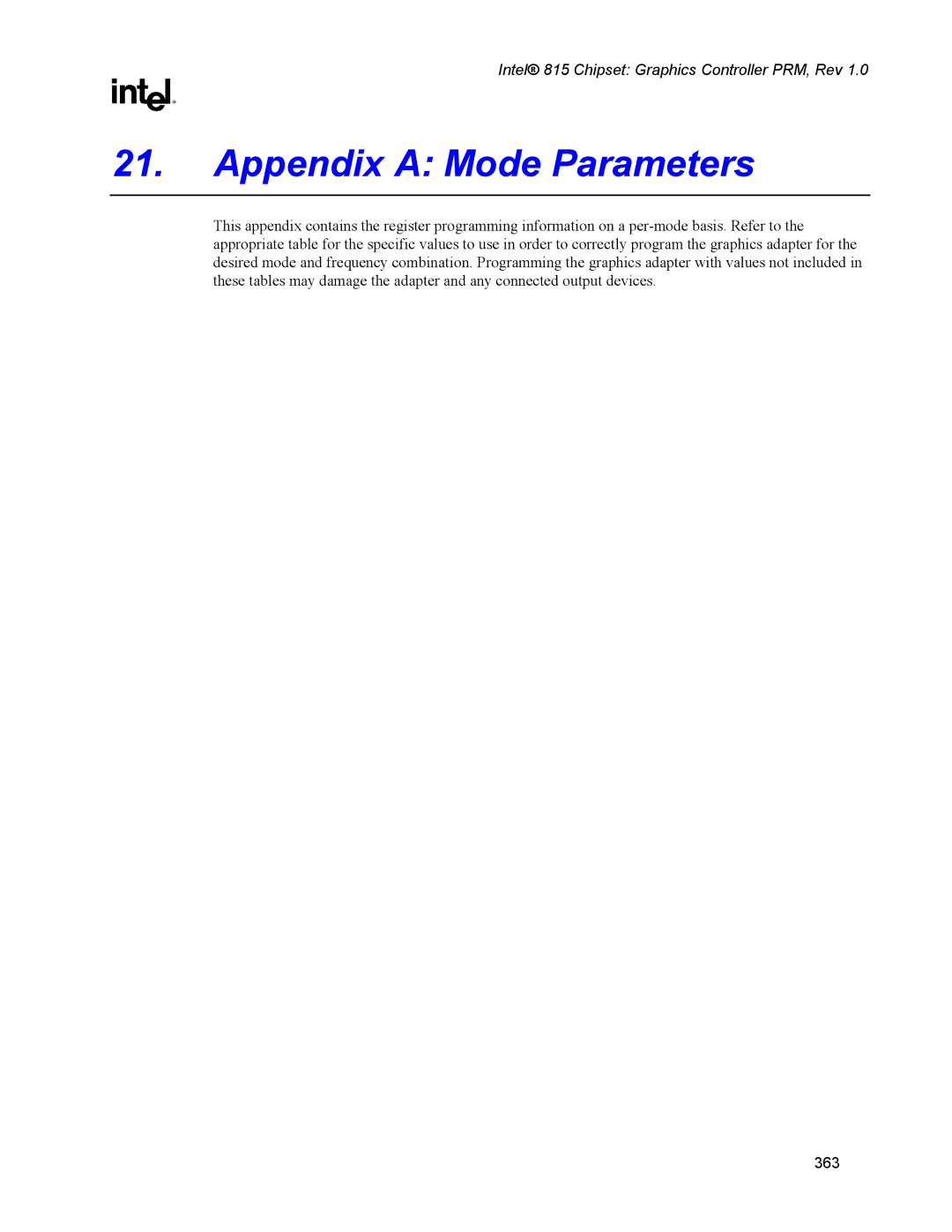 Intel 815 manual Appendix a Mode Parameters 