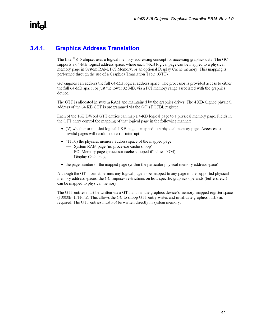 Intel 815 manual Graphics Address Translation 