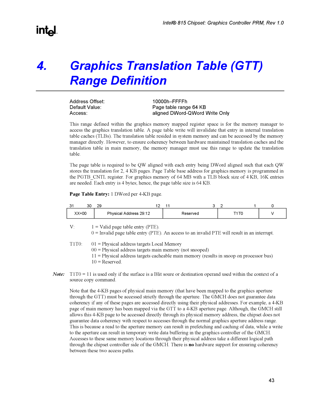 Intel 815 manual Graphics Translation Table GTT Range Definition 