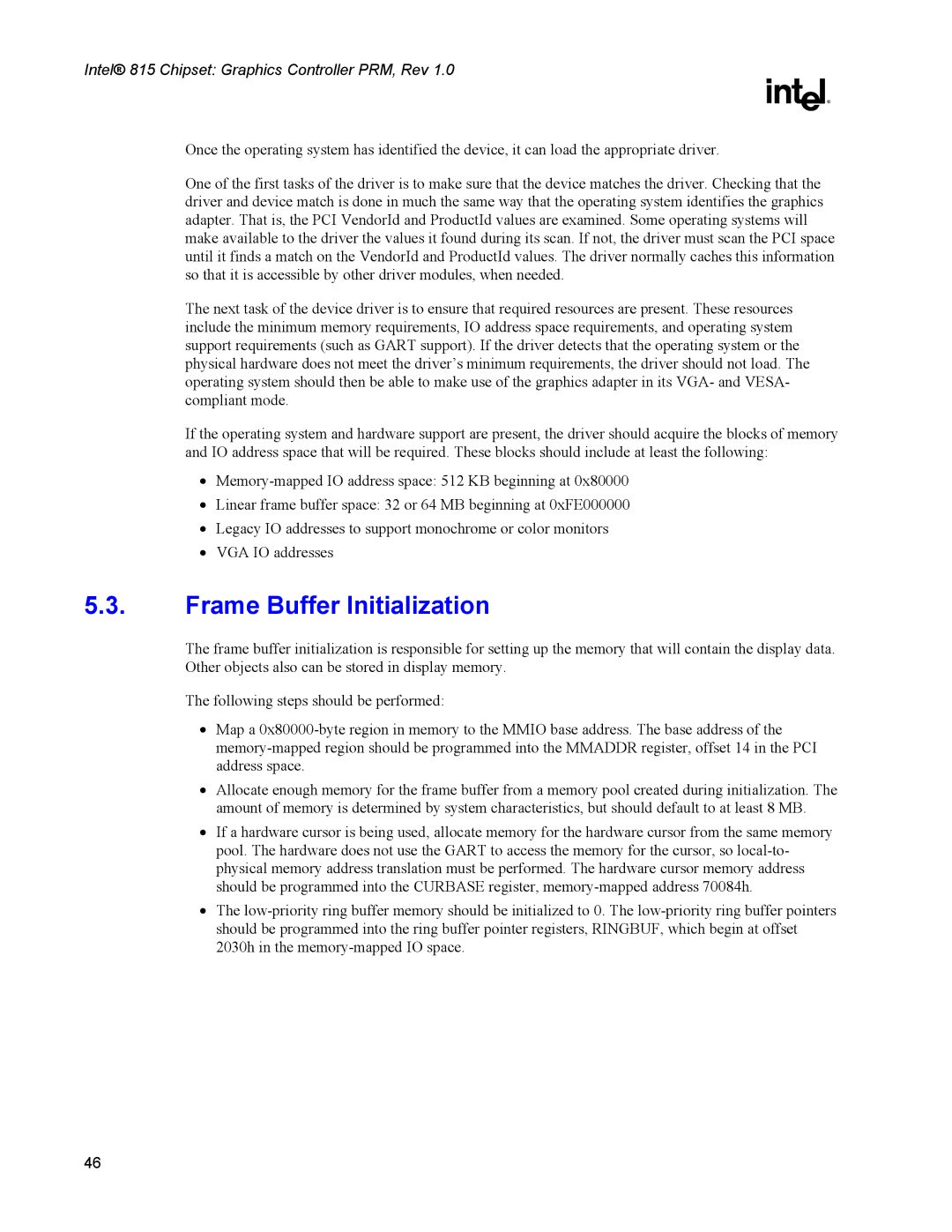 Intel 815 manual Frame Buffer Initialization 