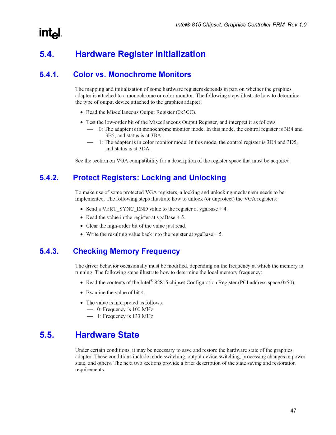 Intel 815 manual Hardware Register Initialization, Hardware State, Color vs. Monochrome Monitors, Checking Memory Frequency 