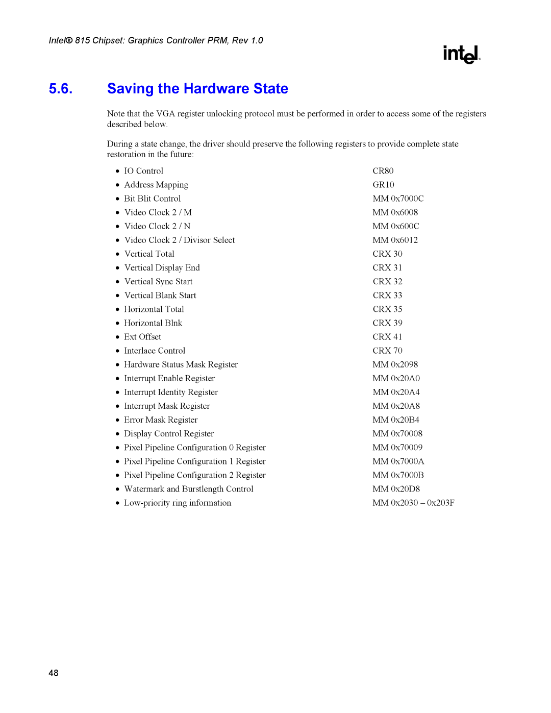 Intel 815 manual Saving the Hardware State 