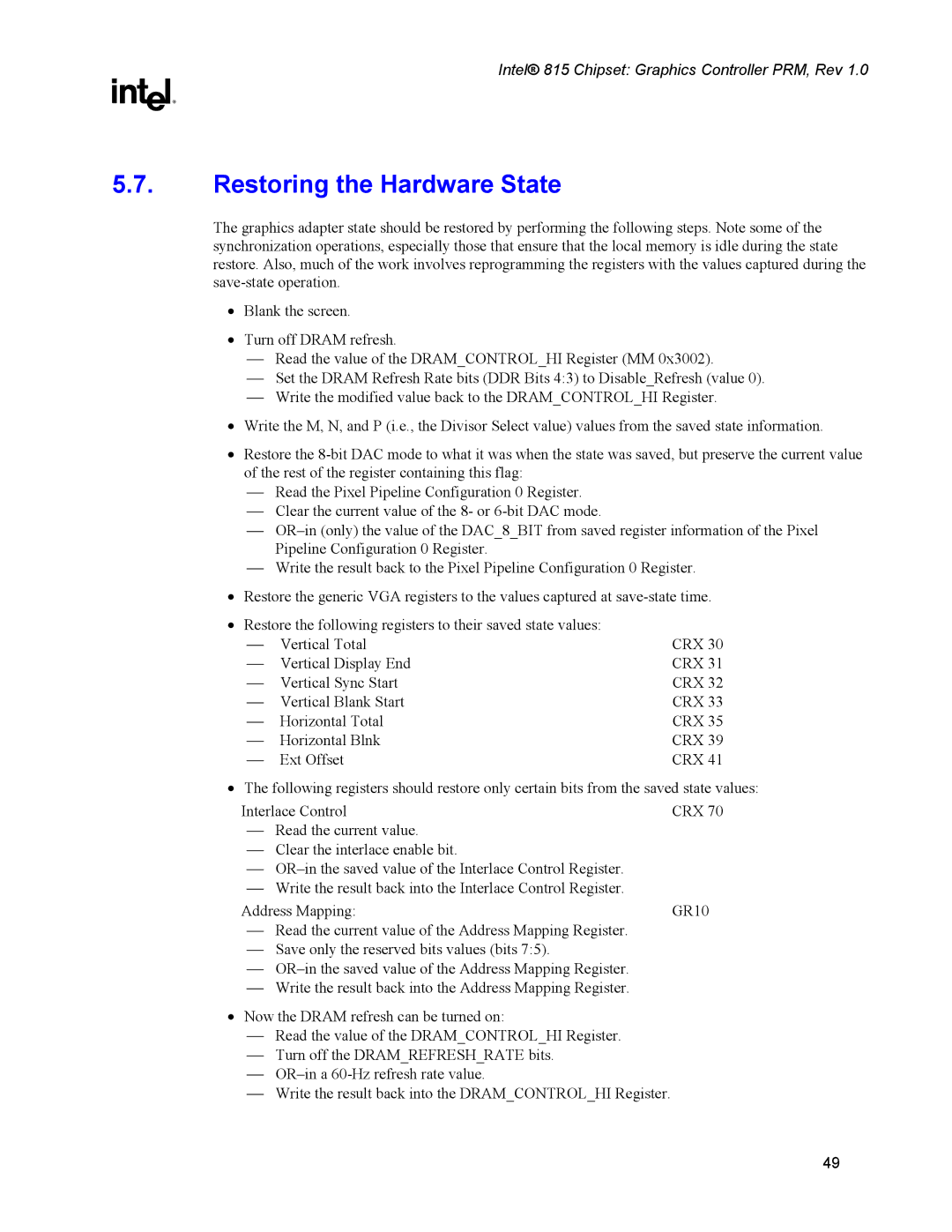 Intel 815 manual Restoring the Hardware State 