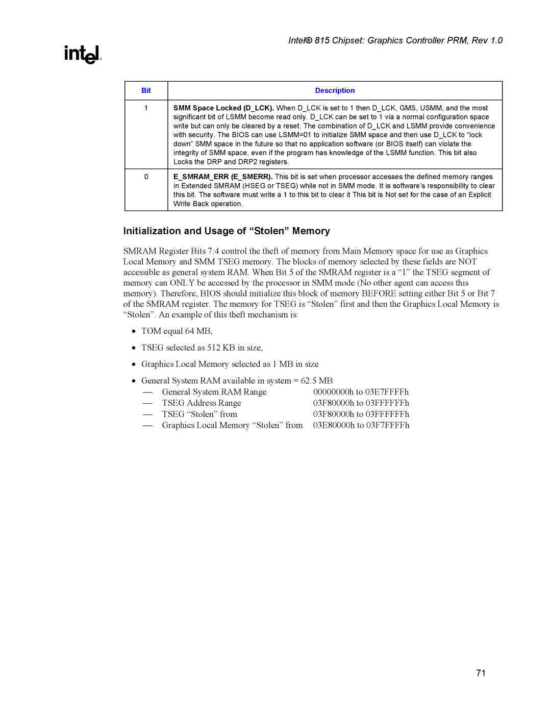 Intel 815 manual Initialization and Usage of Stolen Memory 