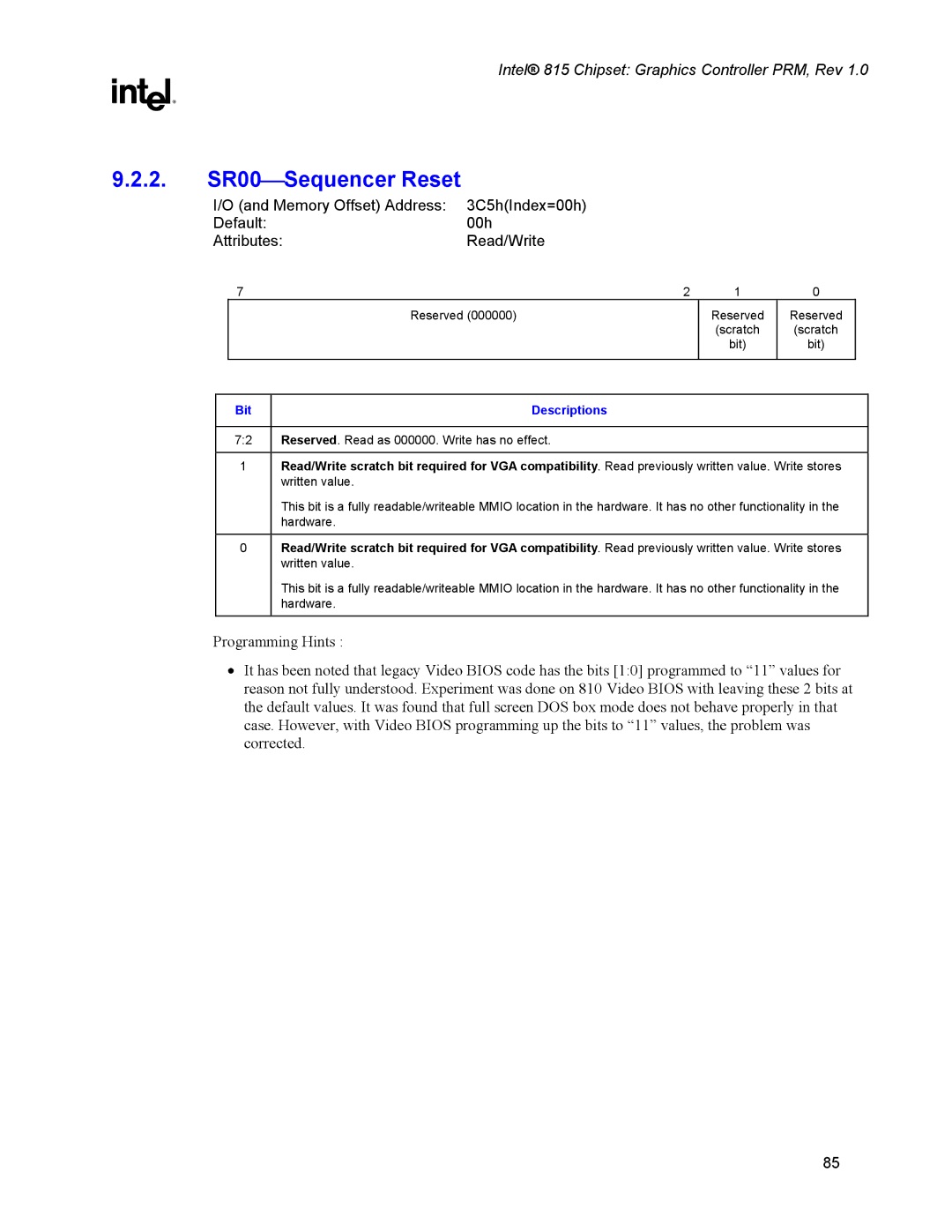 Intel 815 manual 2. SR00Sequencer Reset 