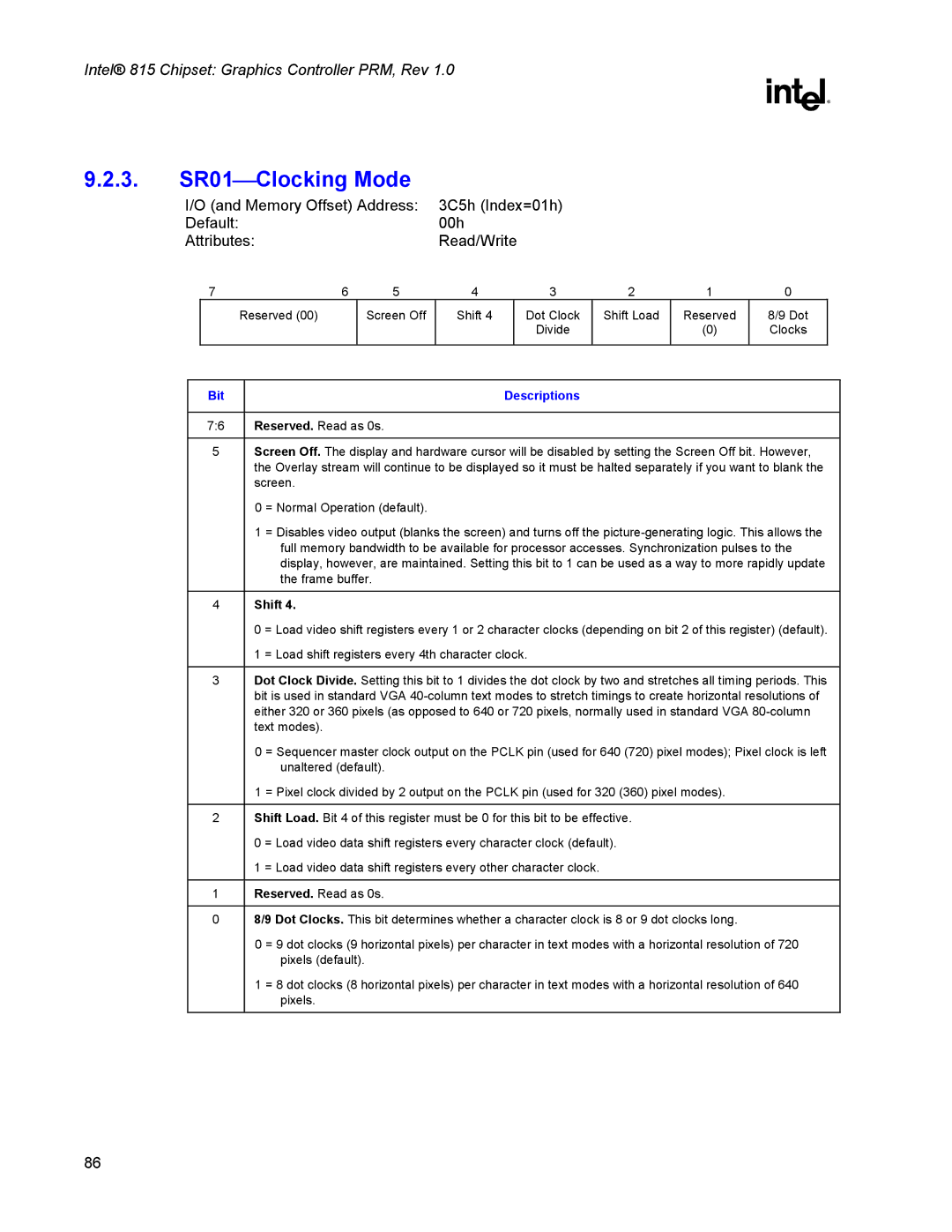 Intel 815 manual 3. SR01Clocking Mode, Shift 