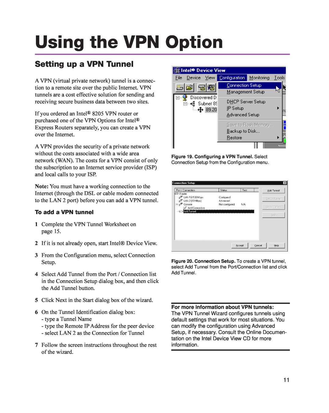 Intel 8205 quick start Using the VPN Option, Setting up a VPN Tunnel, To add a VPN tunnel 