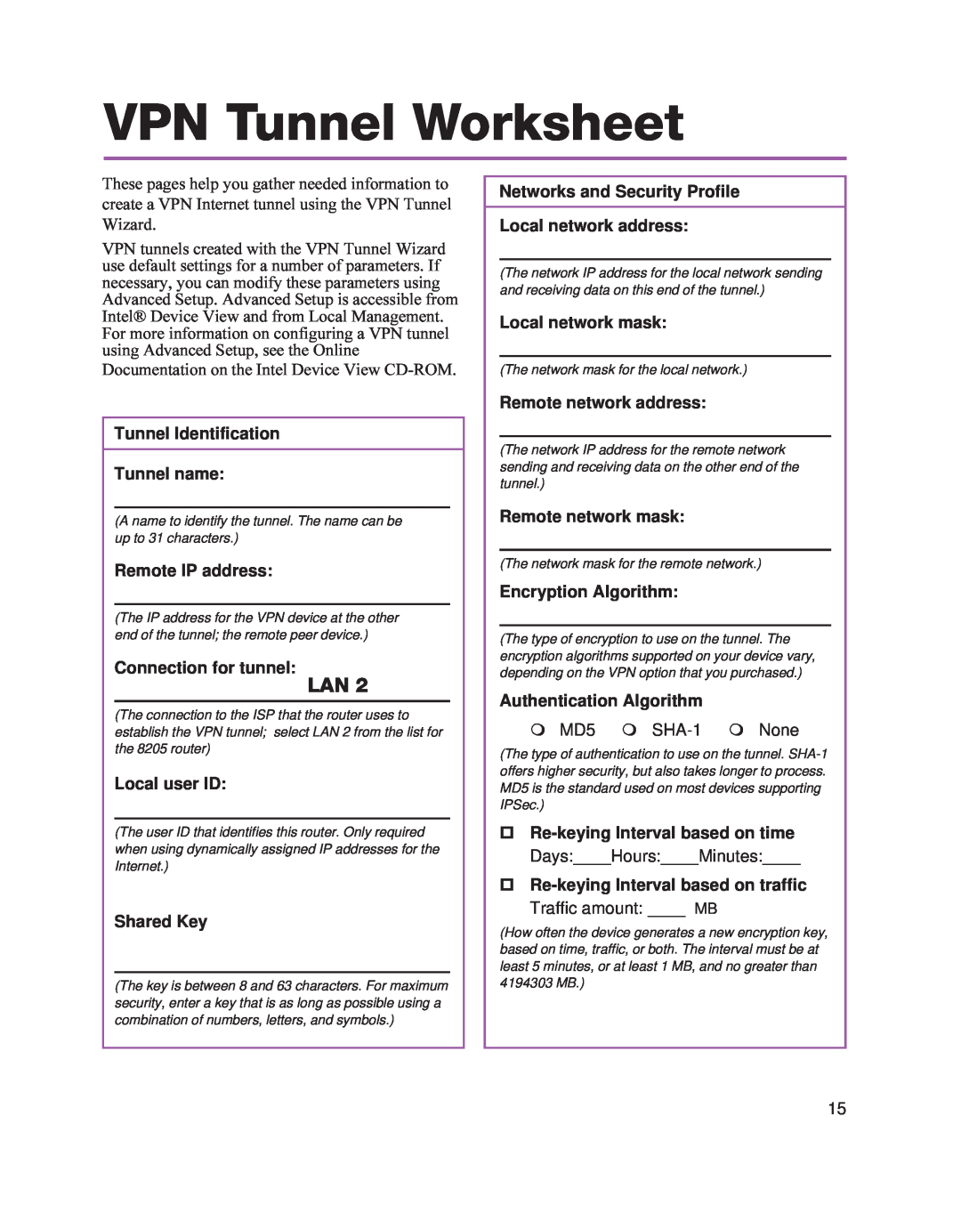 Intel 8205 VPN Tunnel Worksheet, Tunnel Identification Tunnel name, Remote IP address, Connection for tunnel, Shared Key 
