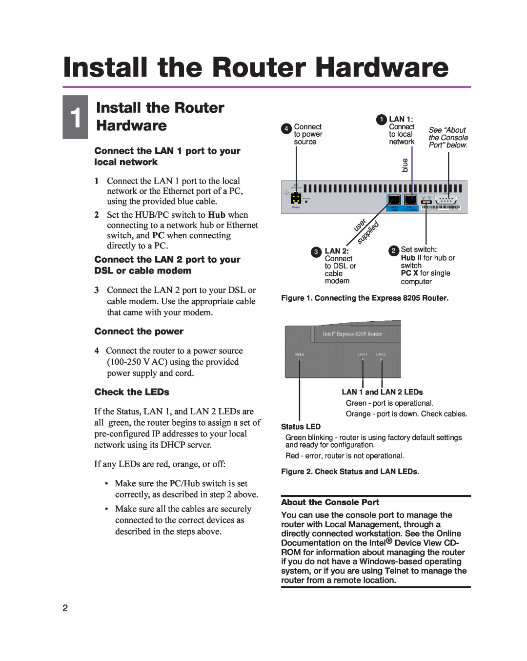 Intel 8205 Install the Router Hardware, Install the Router 1 Hardware, Connect the LAN 1 port to your local network 
