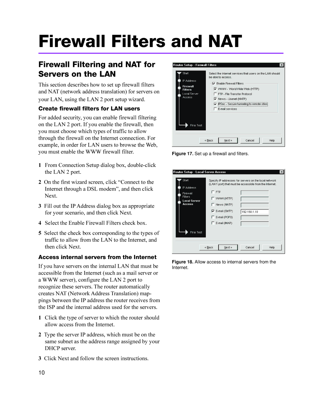 Intel 8205 quick start Firewall Filters and NAT, Firewall Filtering and NAT for Servers on the LAN 