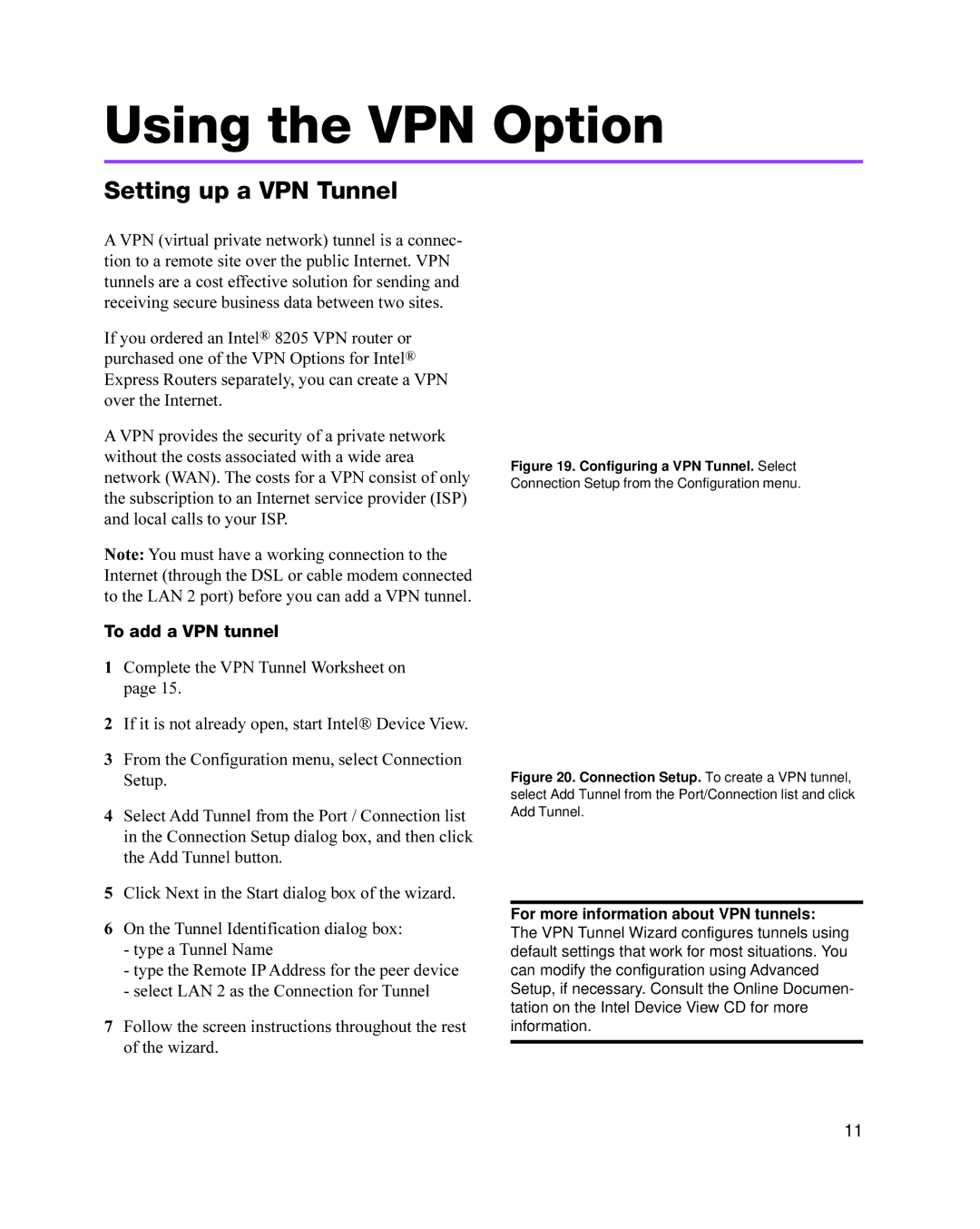 Intel 8205 Using the VPN Option, Setting up a VPN Tunnel, To add a VPN tunnel, For more information about VPN tunnels 