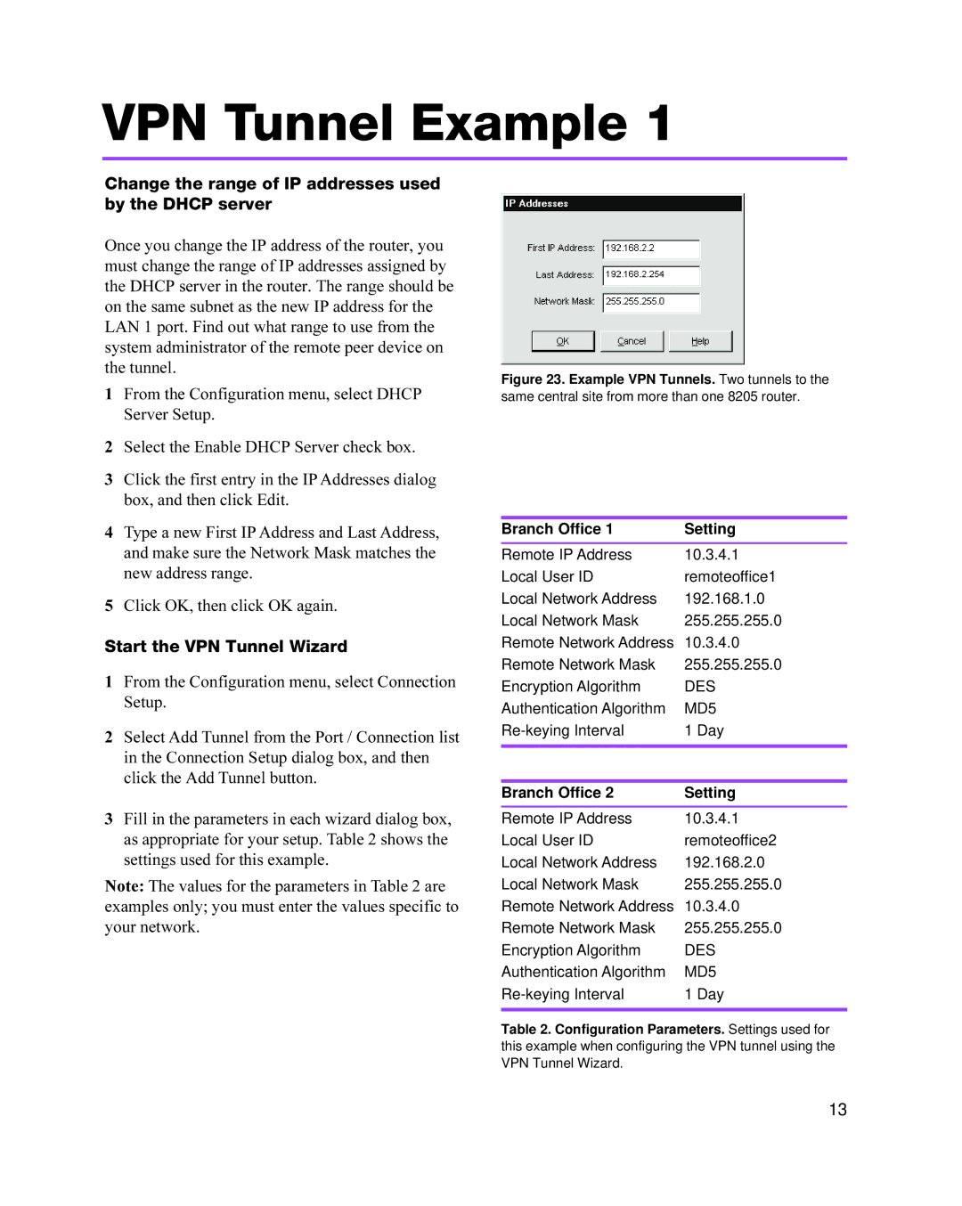 Intel 8205 Change the range of IP addresses used by the Dhcp server, Start the VPN Tunnel Wizard, Branch Office Setting 