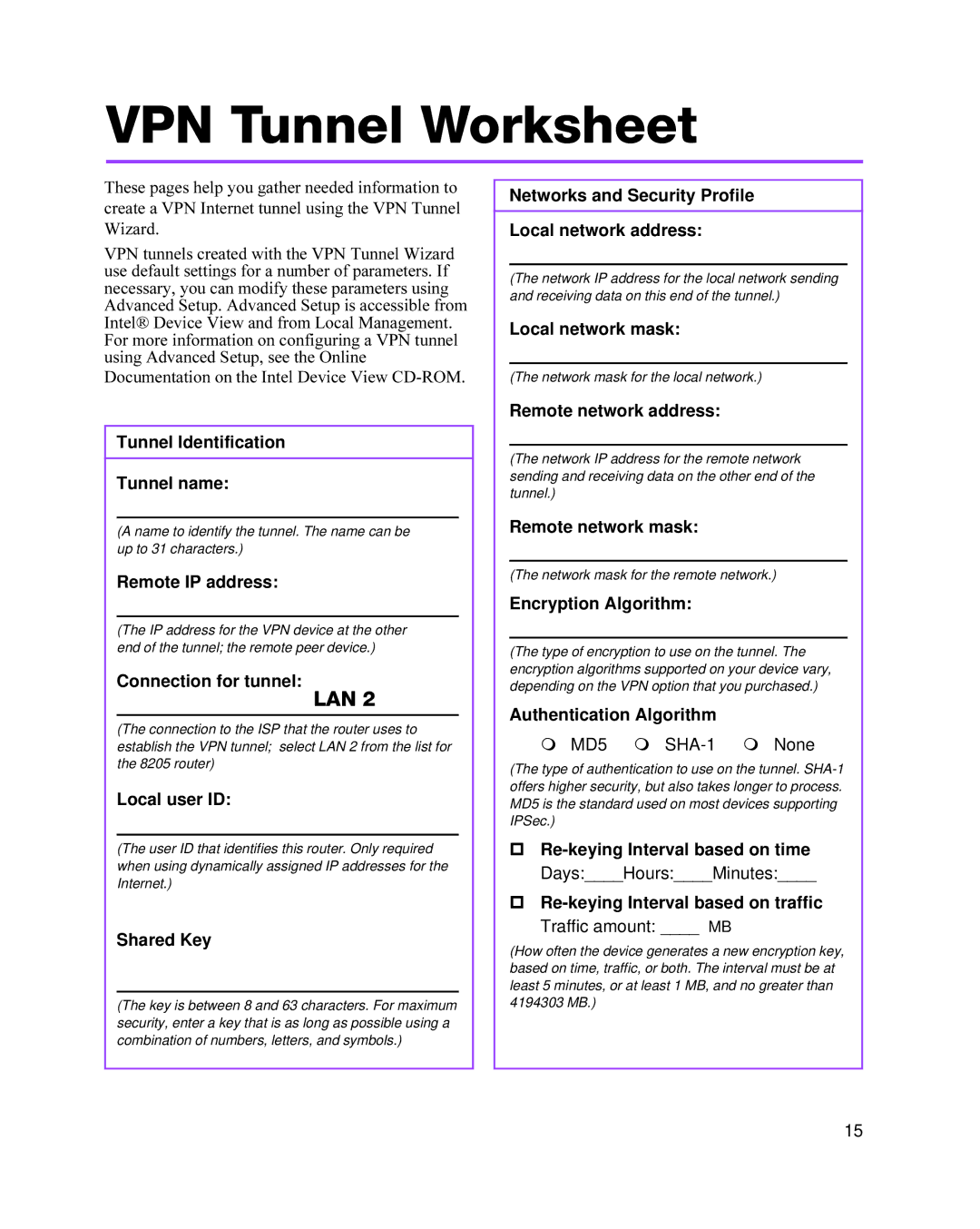 Intel 8205 quick start VPN Tunnel Worksheet 