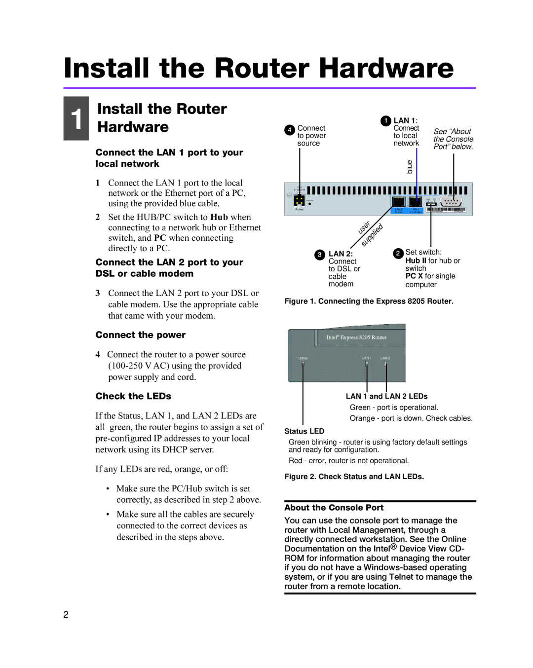 Intel 8205 Install the Router Hardware, Connect the LAN 1 port to your local network, Connect the power, Check the LEDs 