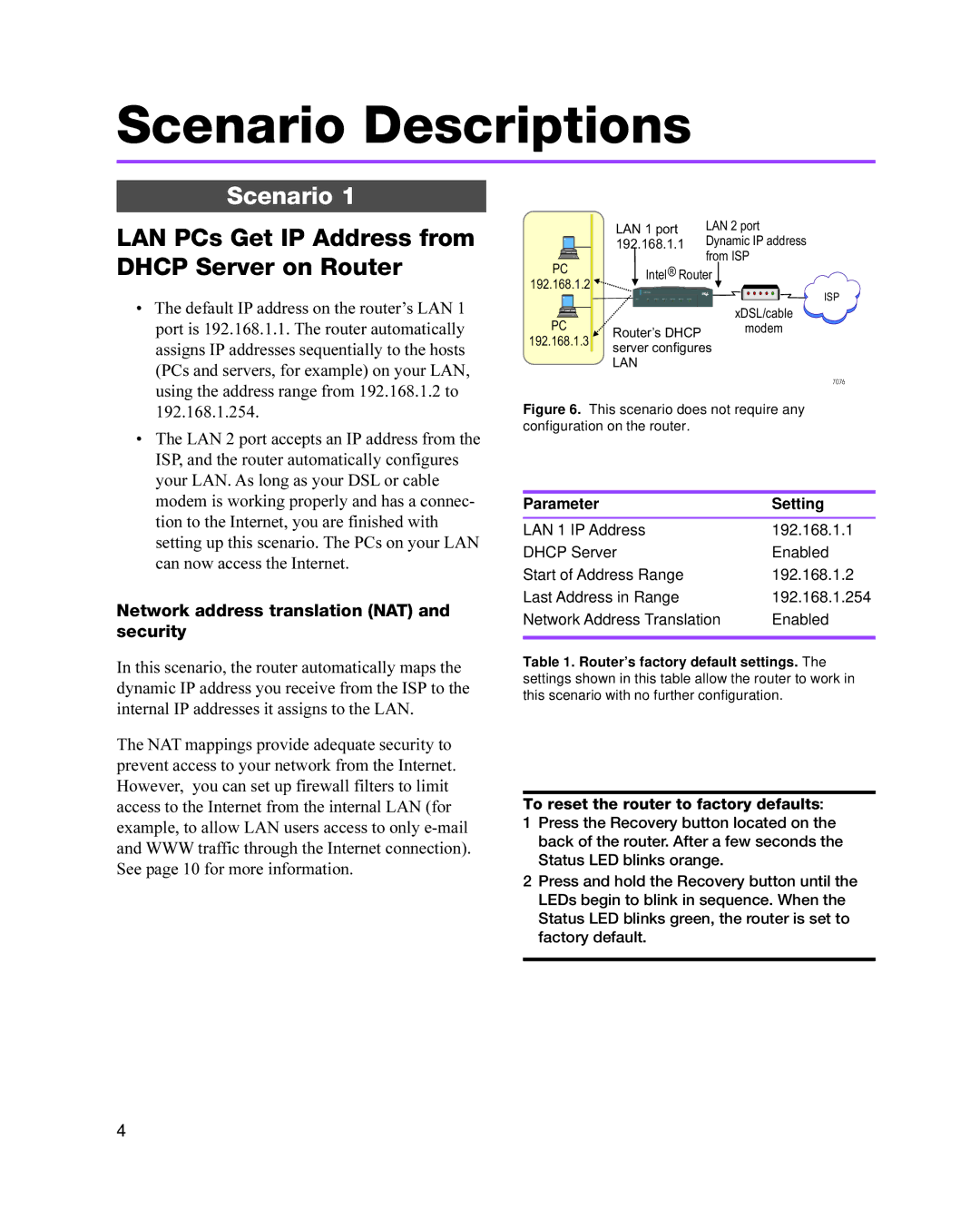 Intel 8205 quick start Scenario Descriptions, LAN PCs Get IP Address from Dhcp Server on Router, Parameter Setting 