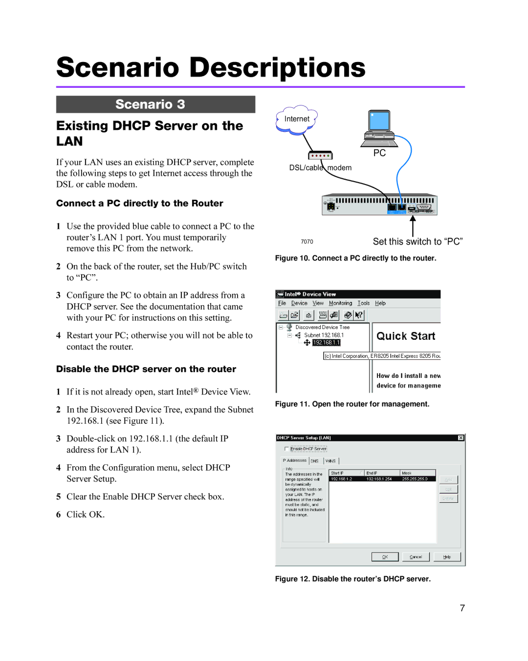 Intel 8205 quick start Existing Dhcp Server on, Connect a PC directly to the Router, Disable the Dhcp server on the router 