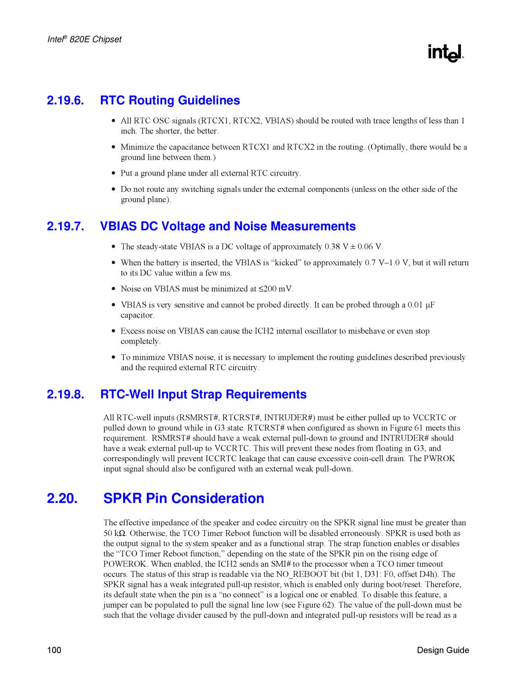 Intel 820E manual Spkr Pin Consideration, RTC Routing Guidelines, Vbias DC Voltage and Noise Measurements 