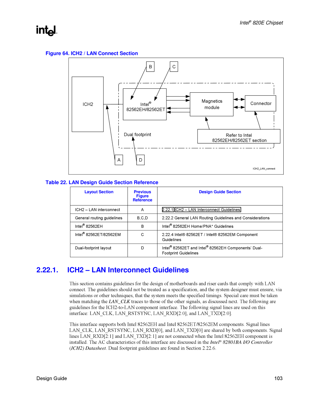 Intel 820E manual ICH2 LAN Interconnect Guidelines, LAN Design Guide Section Reference 