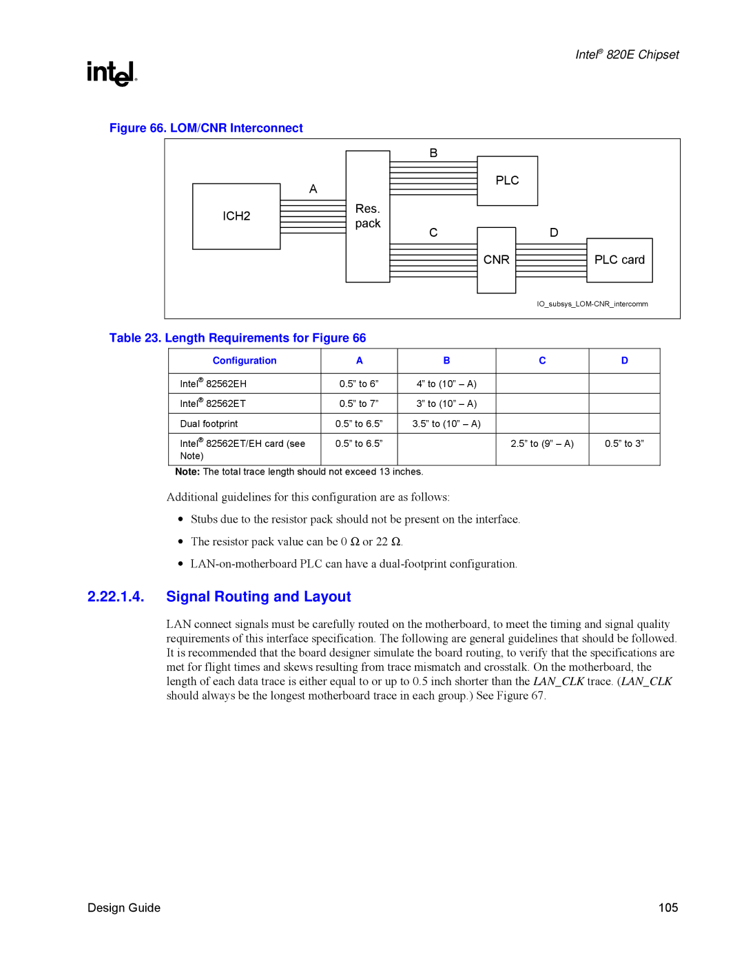 Intel 820E manual Signal Routing and Layout, Length Requirements for Figure, Configuration 