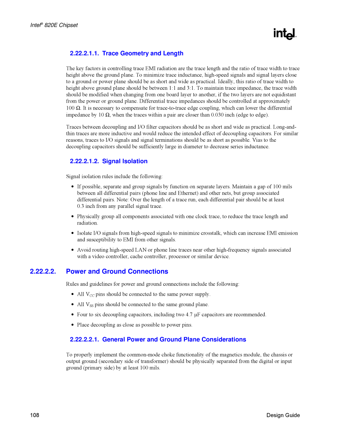 Intel 820E manual Power and Ground Connections, Trace Geometry and Length 