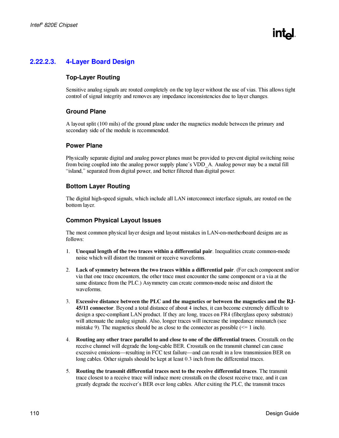 Intel 820E manual Layer Board Design 