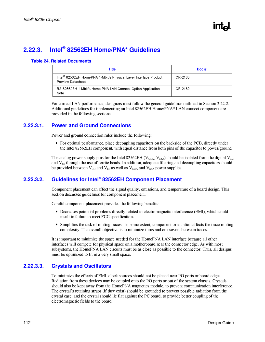 Intel 820E Intel 82562EH Home/PNA* Guidelines, Guidelines for Intel 82562EH Component Placement, Crystals and Oscillators 