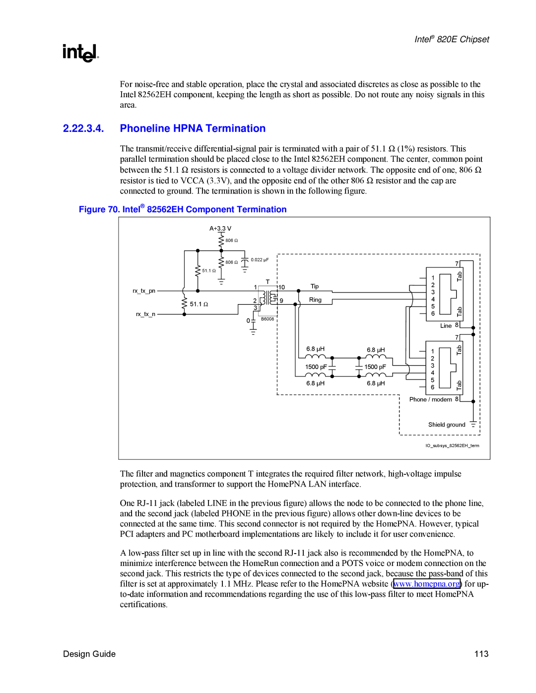 Intel 820E manual Phoneline Hpna Termination, Intel 82562EH Component Termination 